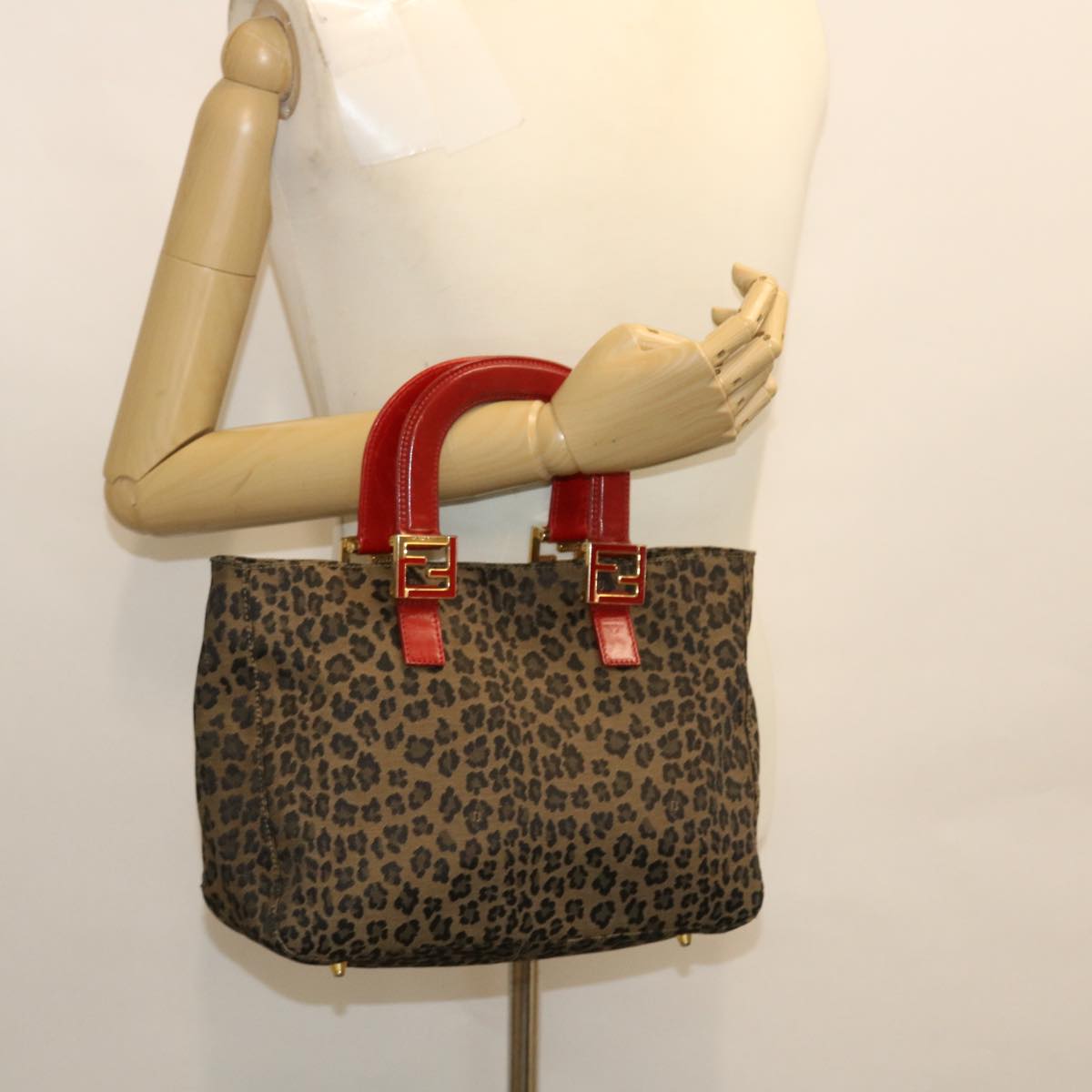 FENDI Leopard Hand Bag Nylon Leather Brown Red Auth 50533