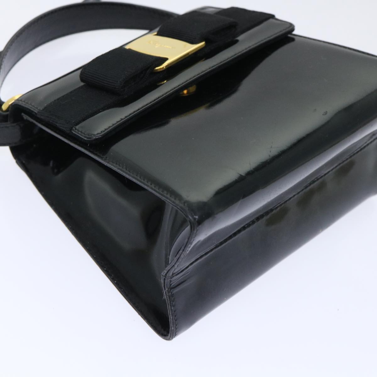 Salvatore Ferragamo Ribbon Hand Bag Patent leather 2way Black Auth 50575