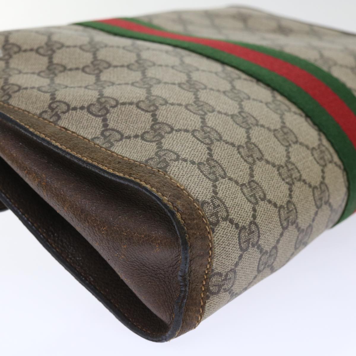 GUCCI GG Canvas Web Sherry Line Clutch Bag PVC Leather Beige Red Auth 50791