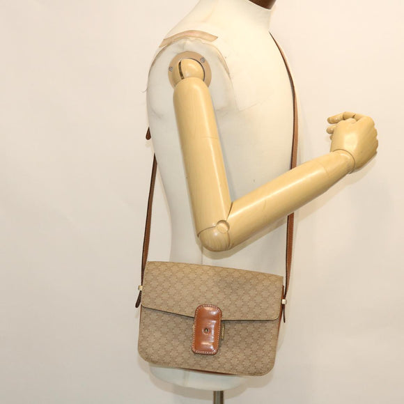 CELINE Macadam Canvas Shoulder Bag Canvas Leather Beige Brown Auth 51028