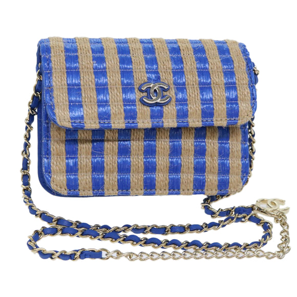 CHANEL Chain Shoulder Bag Raffia Blue Beige CC Auth 51139SV