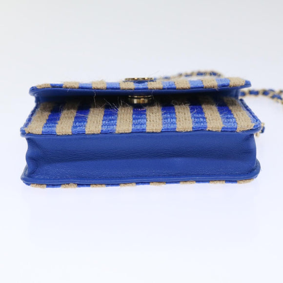 CHANEL Chain Shoulder Bag Raffia Blue Beige CC Auth 51139SV