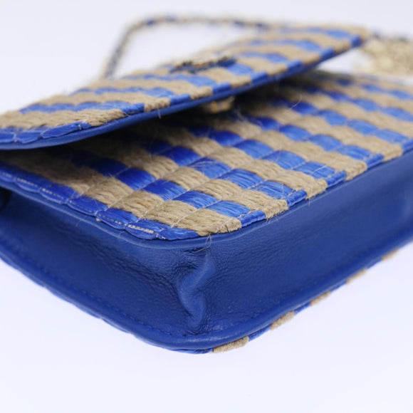 CHANEL Chain Shoulder Bag Raffia Blue Beige CC Auth 51139AV