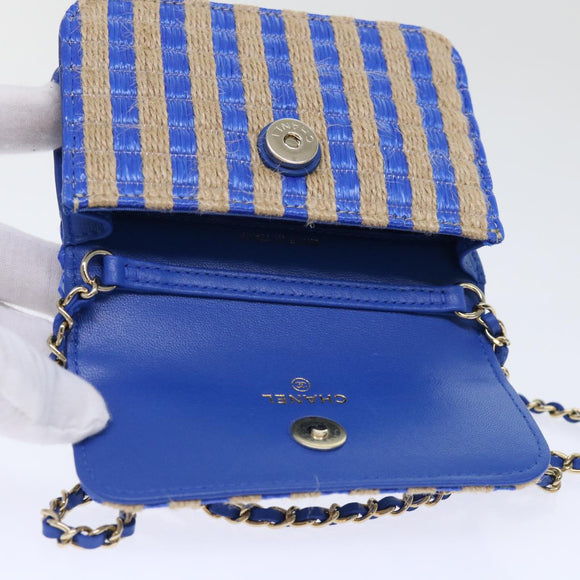 CHANEL Chain Shoulder Bag Raffia Blue Beige CC Auth 51139AV