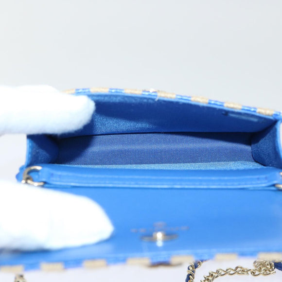 CHANEL Chain Shoulder Bag Raffia Blue Beige CC Auth 51139AV