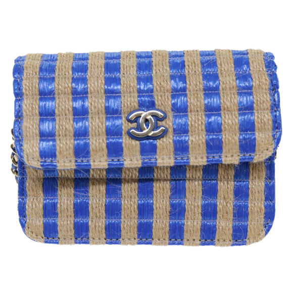 CHANEL Chain Shoulder Bag Raffia Blue Beige CC Auth 51139SV