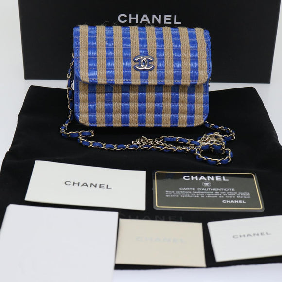 CHANEL Chain Shoulder Bag Raffia Blue Beige CC Auth 51139SV