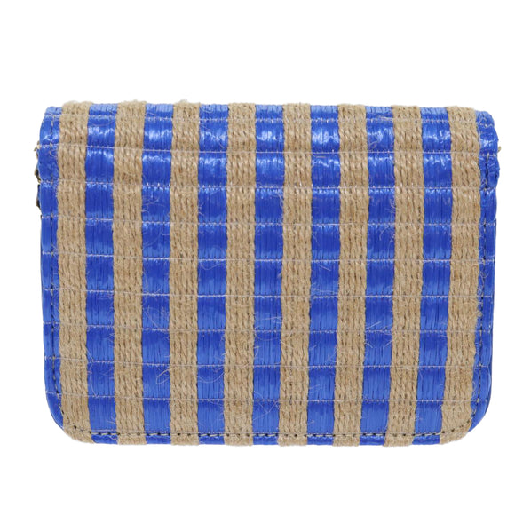 CHANEL Chain Shoulder Bag Raffia Blue Beige CC Auth 51139SV