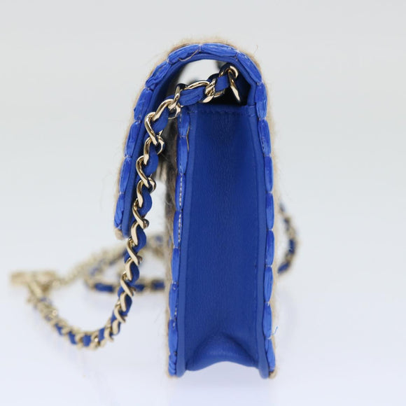 CHANEL Chain Shoulder Bag Raffia Blue Beige CC Auth 51139SV