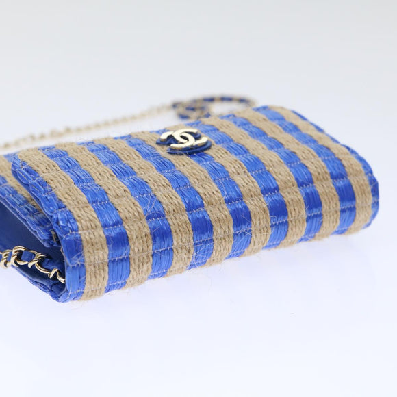 CHANEL Chain Shoulder Bag Raffia Blue Beige CC Auth 51139SV