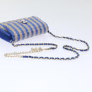 CHANEL Chain Shoulder Bag Raffia Blue Beige CC Auth 51139SV-7