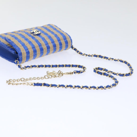 CHANEL Chain Shoulder Bag Raffia Blue Beige CC Auth 51139SV