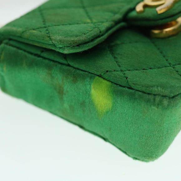 CHANEL Mini Matelasse Chain Pouch Shoulder Bag Satin Green Gold CC Auth 51271A