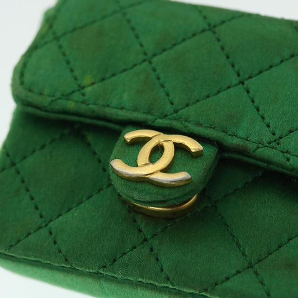CHANEL Mini Matelasse Chain Pouch Shoulder Bag Satin Green Gold CC Auth 51271A