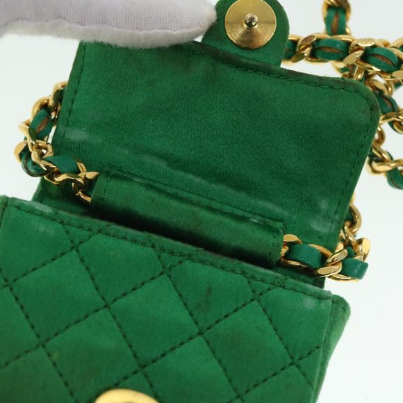 CHANEL Mini Matelasse Chain Pouch Shoulder Bag Satin Green Gold CC Auth 51271V