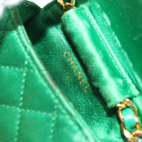 CHANEL Mini Matelasse Chain Pouch Shoulder Bag Satin Green Gold CC Auth 51271A