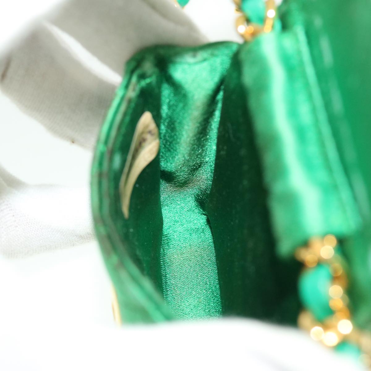 CHANEL Mini Matelasse Chain Pouch Shoulder Bag Satin Green Gold CC Auth 51271A