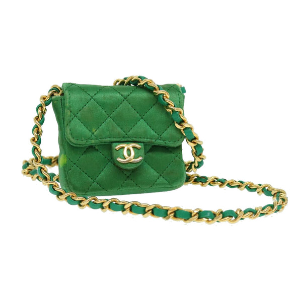CHANEL Mini Matelasse Chain Pouch Shoulder Bag Satin Green Gold CC Auth 51271V