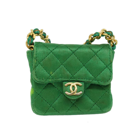 CHANEL Mini Matelasse Chain Pouch Shoulder Bag Satin Green Gold CC Auth 51271A