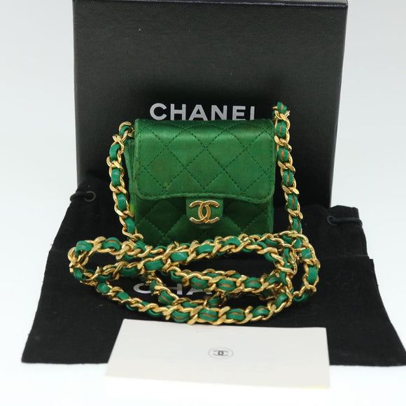CHANEL Mini Matelasse Chain Pouch Shoulder Bag Satin Green Gold CC Auth 51271V