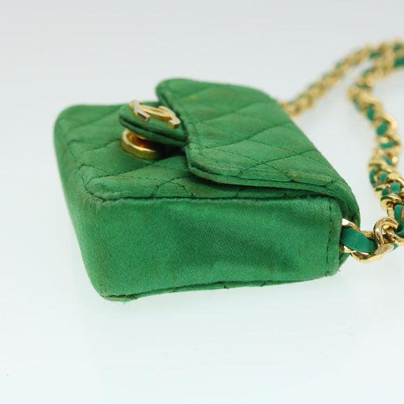 CHANEL Mini Matelasse Chain Pouch Shoulder Bag Satin Green Gold CC Auth 51271V