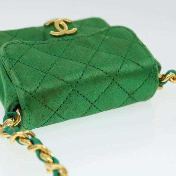 CHANEL Mini Matelasse Chain Pouch Shoulder Bag Satin Green Gold CC Auth 51271V