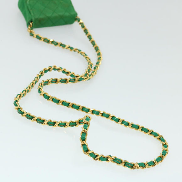 CHANEL Mini Matelasse Chain Pouch Shoulder Bag Satin Green Gold CC Auth 51271A