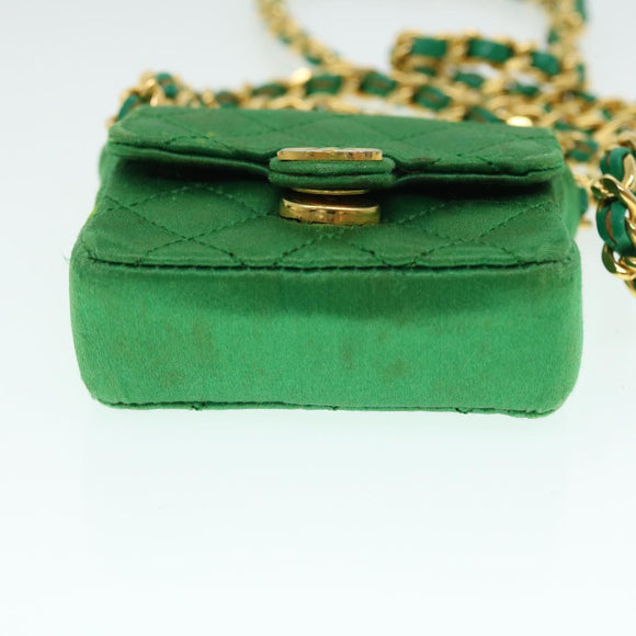 CHANEL Mini Matelasse Chain Pouch Shoulder Bag Satin Green Gold CC Auth 51271V