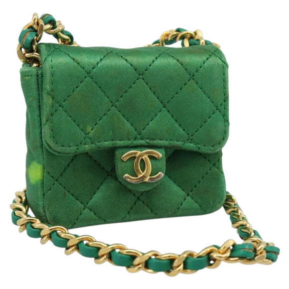 CHANEL Mini Matelasse Chain Pouch Shoulder Bag Satin Green Gold CC Auth 51271V
