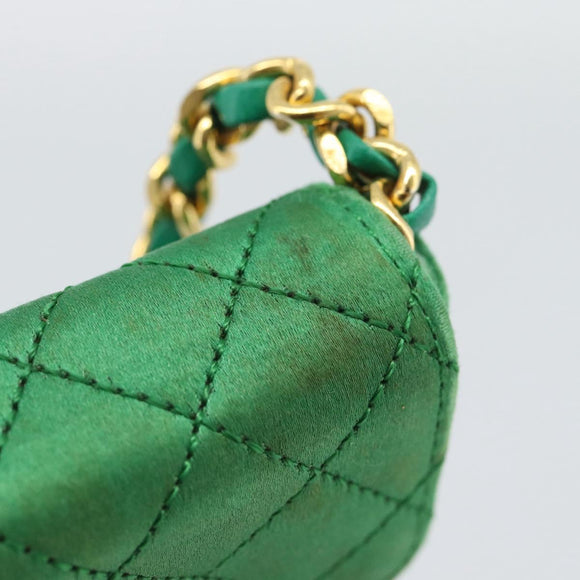 CHANEL Mini Matelasse Chain Pouch Shoulder Bag Satin Green Gold CC Auth 51271V
