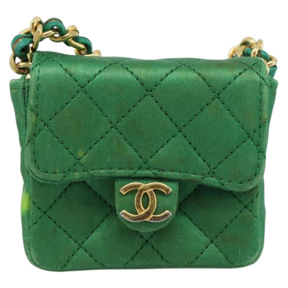 CHANEL Mini Matelasse Chain Pouch Shoulder Bag Satin Green Gold CC Auth 51271V