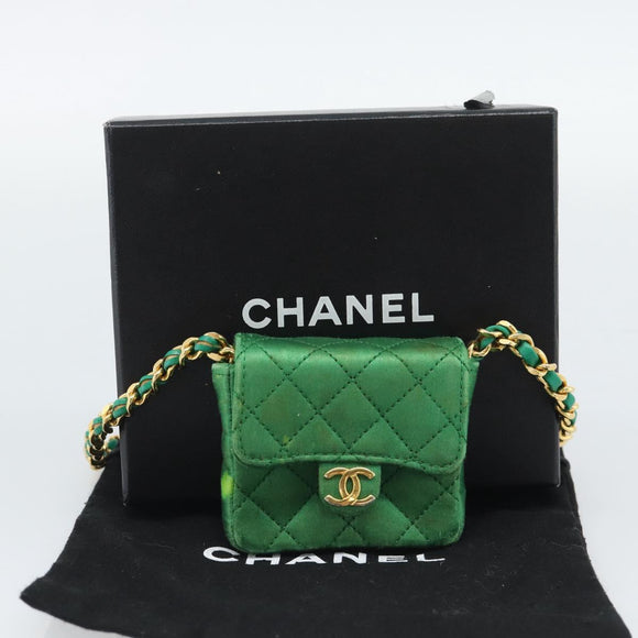 CHANEL Mini Matelasse Chain Pouch Shoulder Bag Satin Green Gold CC Auth 51271V