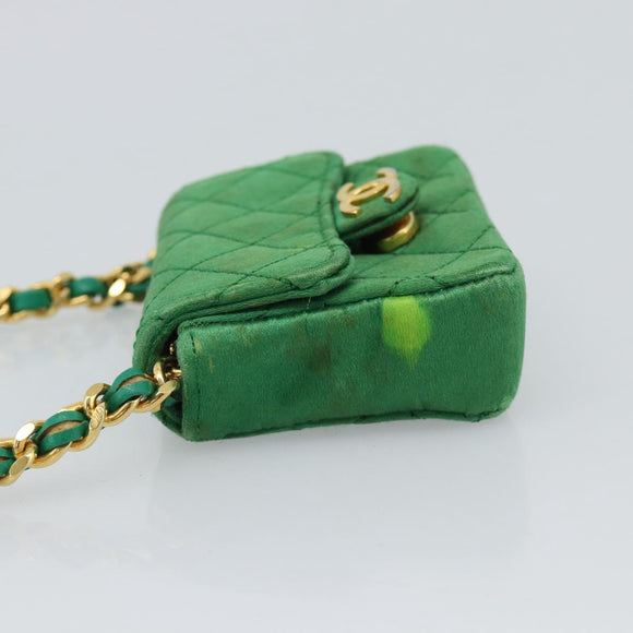 CHANEL Mini Matelasse Chain Pouch Shoulder Bag Satin Green Gold CC Auth 51271V