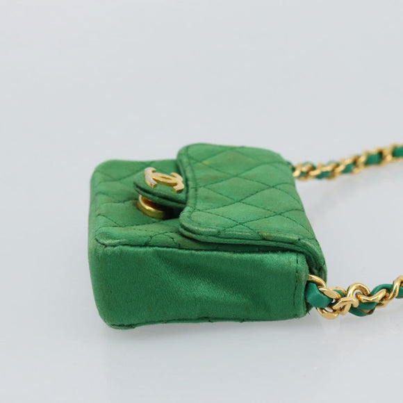 CHANEL Mini Matelasse Chain Pouch Shoulder Bag Satin Green Gold CC Auth 51271V