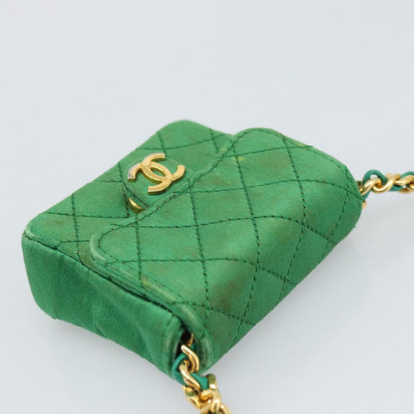 CHANEL Mini Matelasse Chain Pouch Shoulder Bag Satin Green Gold CC Auth 51271V