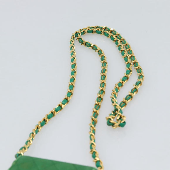 CHANEL Mini Matelasse Chain Pouch Shoulder Bag Satin Green Gold CC Auth 51271V
