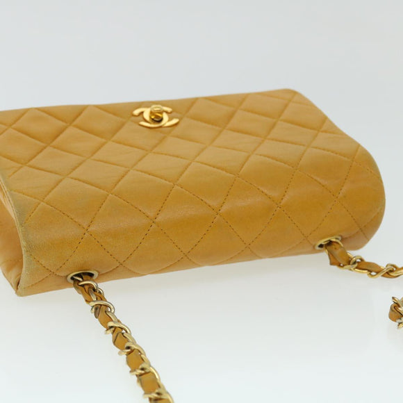 CHANEL Matelasse Turn Lock Chain Shoulder Bag Lamb Skin Orange CC Auth 51273A