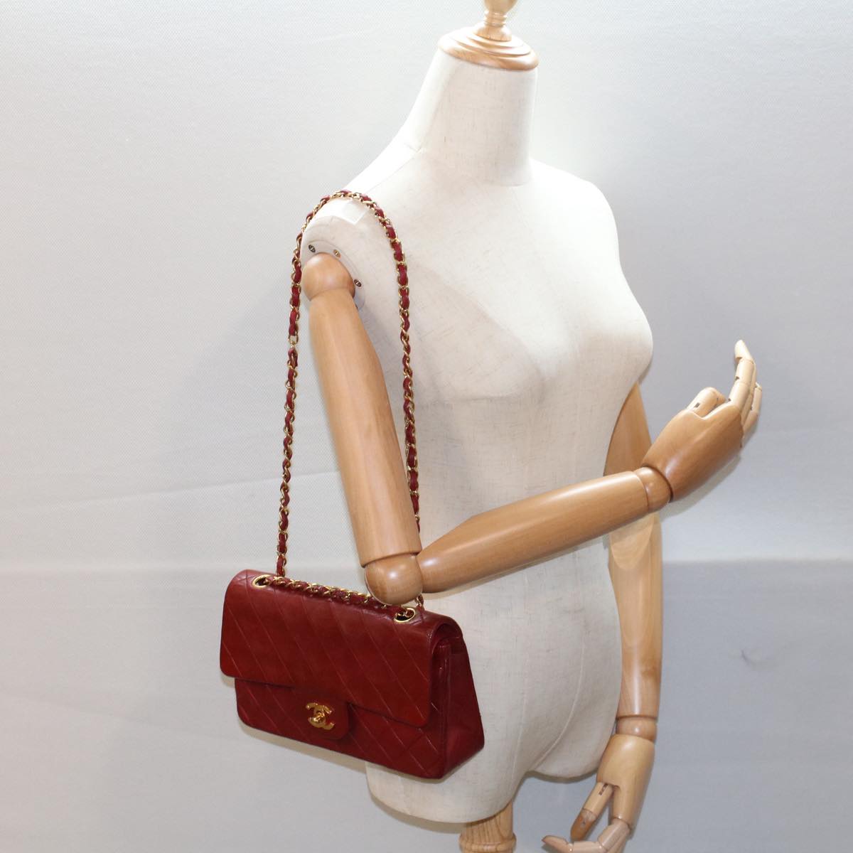 CHANEL Matelasse 23 Double Chain Flap Shoulder Bag Lamb Skin Red CC Auth 51275A