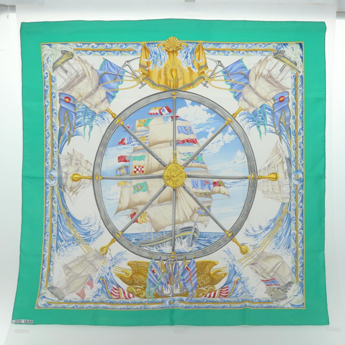 HERMES Carre 90 Vive le vent Scarf Silk Green Auth 51349