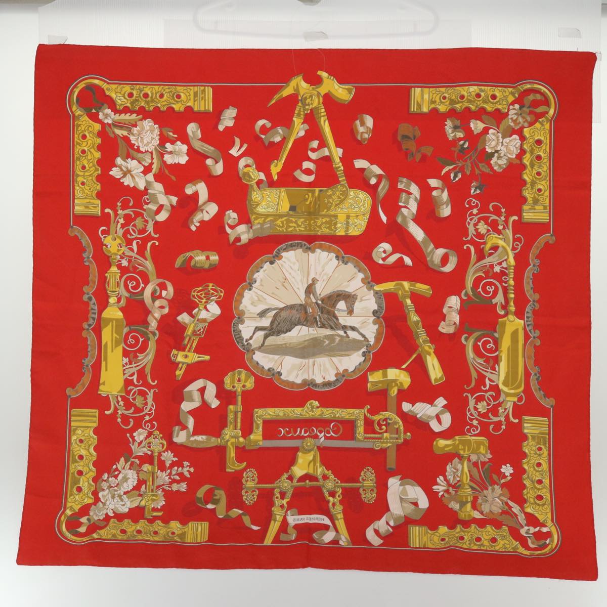 HERMES Carre 90 Copeaux Scarf Silk Red Auth 51670