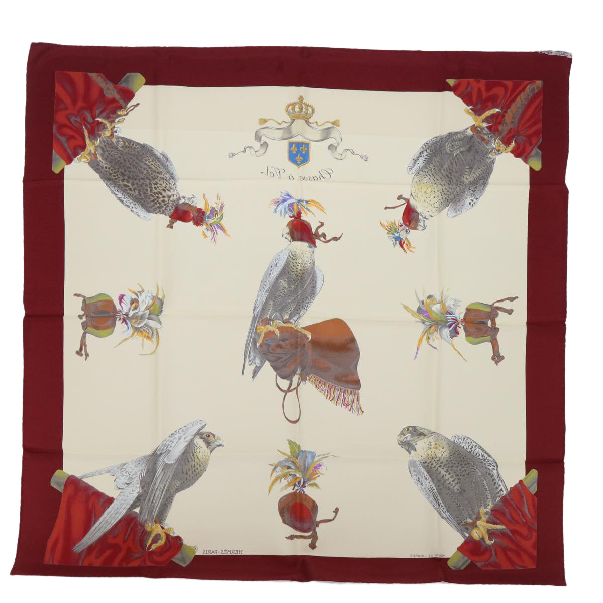 HERMES Carre 90 Chasse a VoL Scarf Silk Beige Wine Red Auth 51671