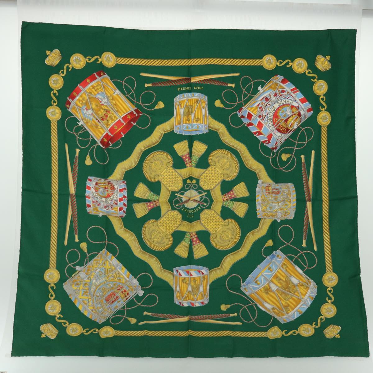 HERMES Carre 90 LES TAMBOURS Scarf Silk Green Auth 51679