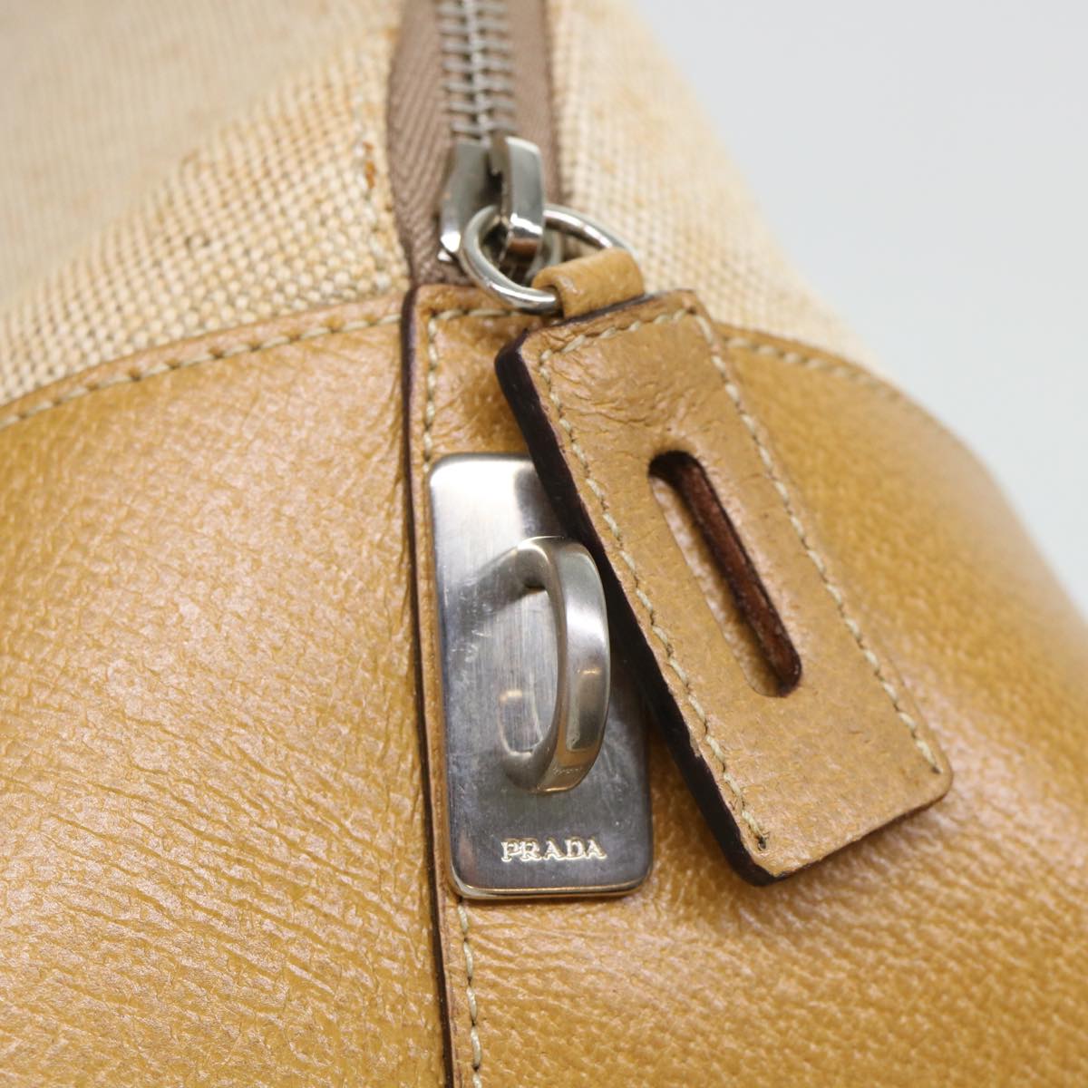 PRADA Hand Bag Canvas Leather Beige Auth 51816
