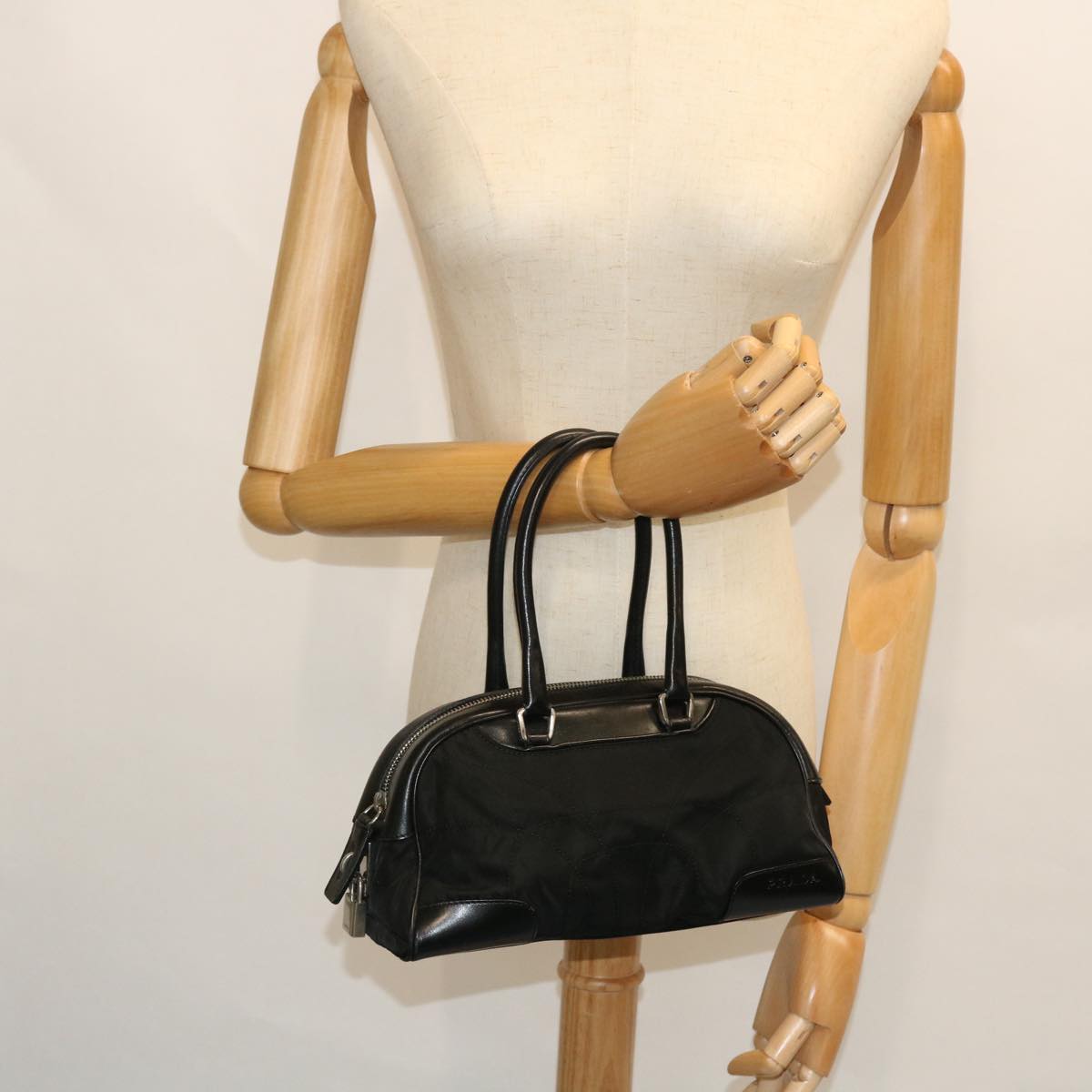 PRADA Hand Bag Nylon Leather Black Auth 51839