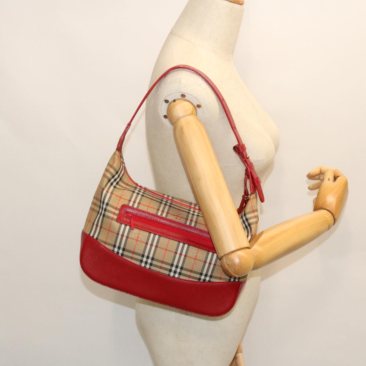 BURBERRY Nova Check Shoulder Bag Canvas Leather Beige Red Auth 51856