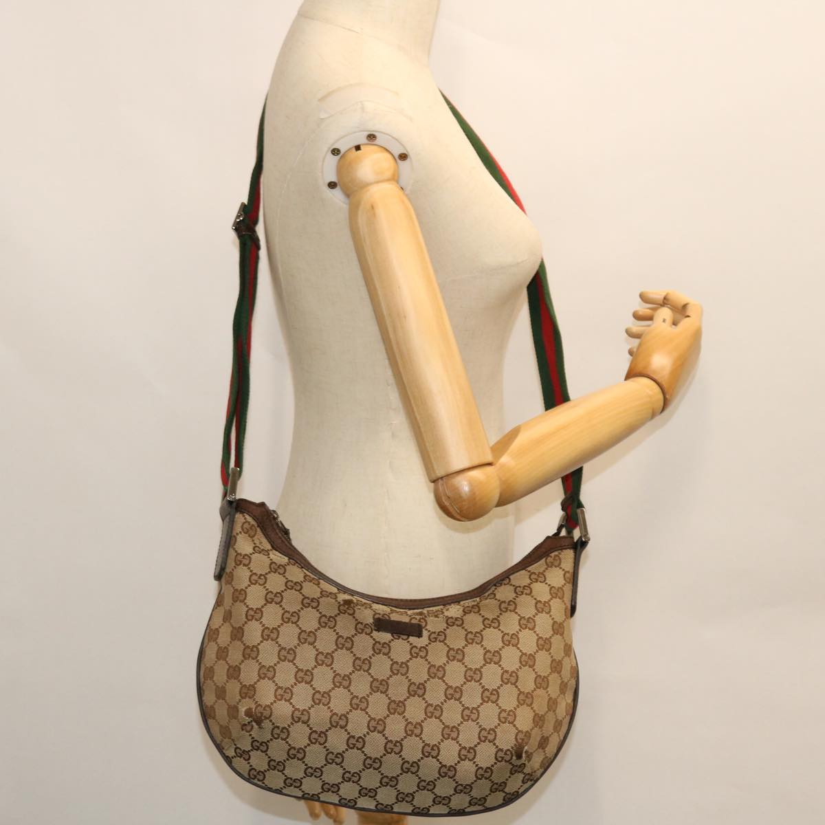 GUCCI GG Canvas Web Sherry Line Cross Shoulder Bag Beige Red 181092 Auth 52012