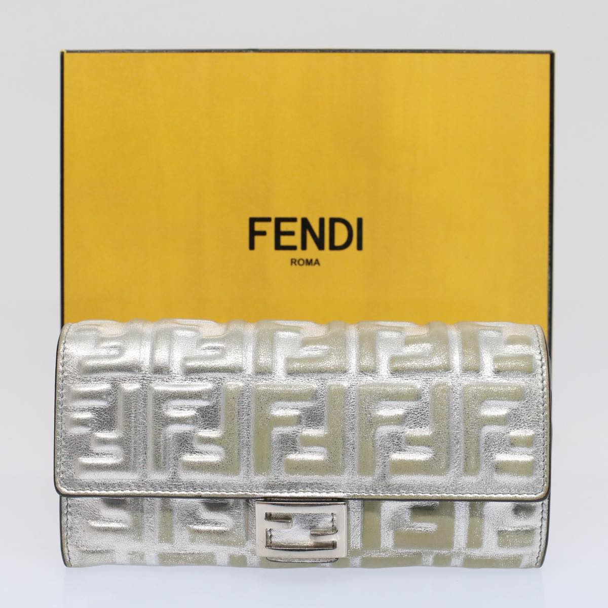 FENDI Zucca Canvas Mamma Baguette Long Wallet Silver Auth 52170