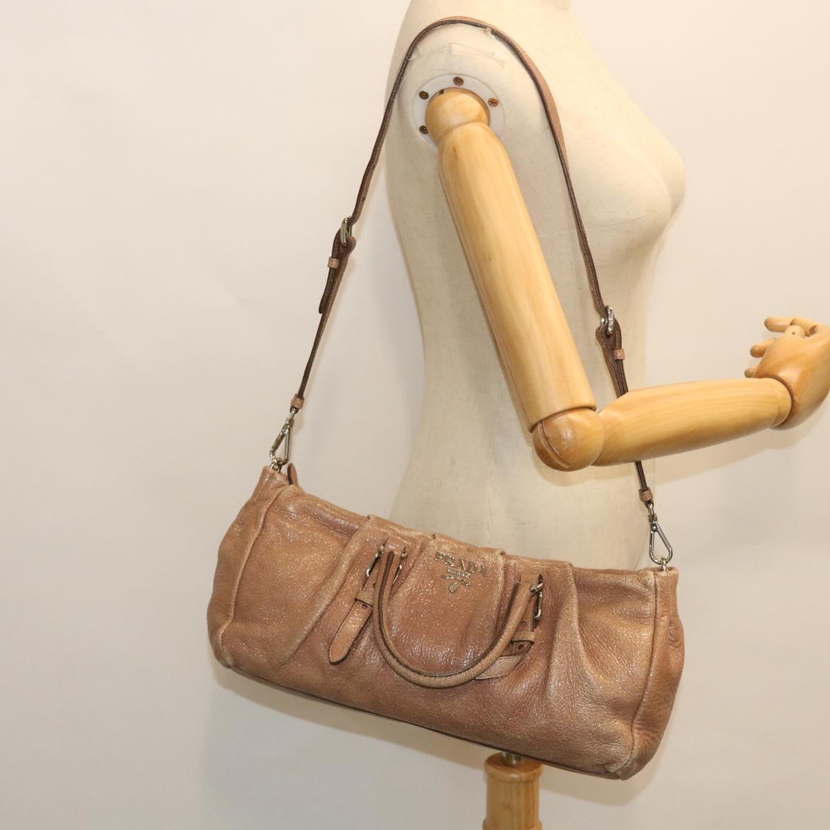 PRADA Hand Bag Leather 2way Beige Auth 52424