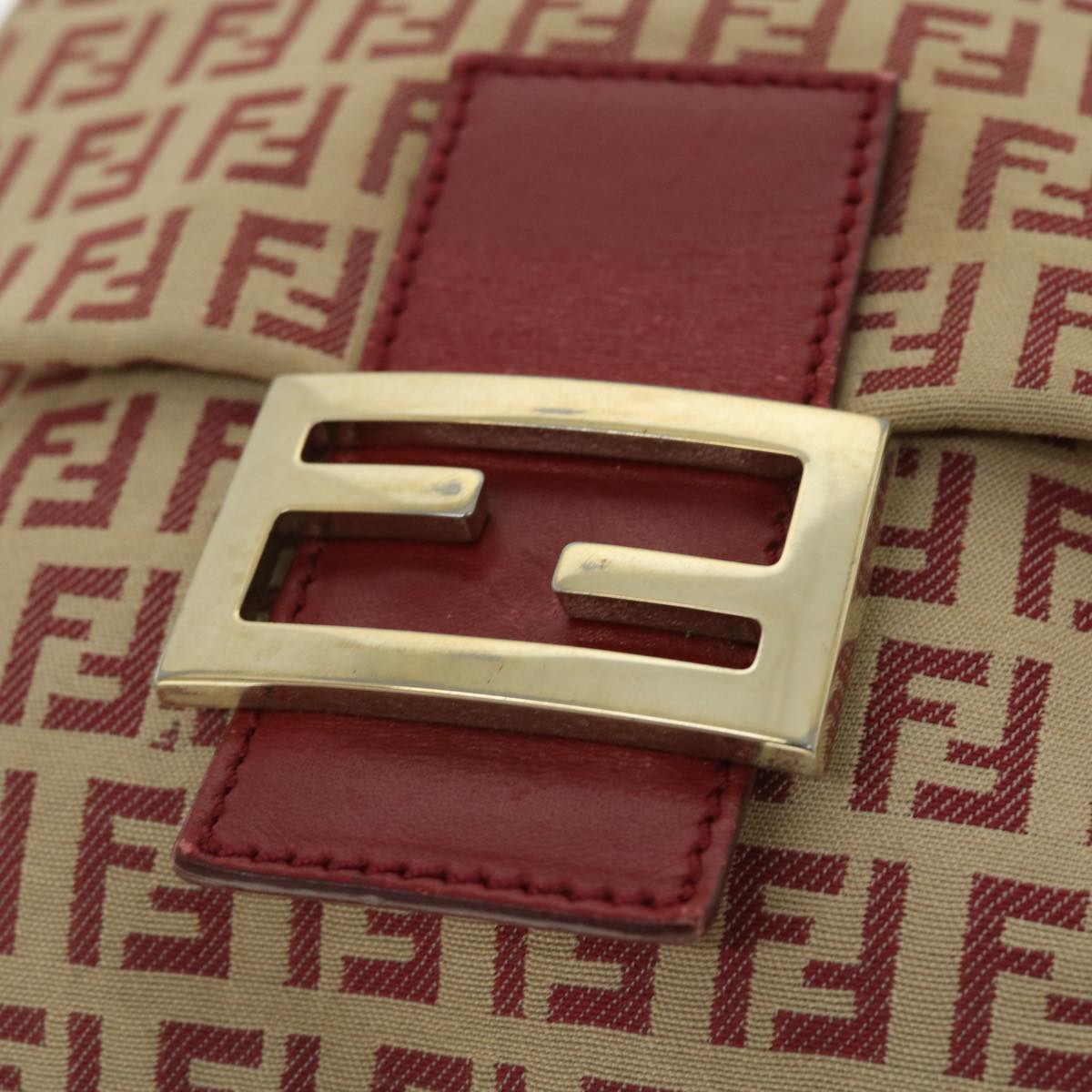 FENDI Zucchino Canvas Mamma Baguette Shoulder Bag Beige Red Auth 52738