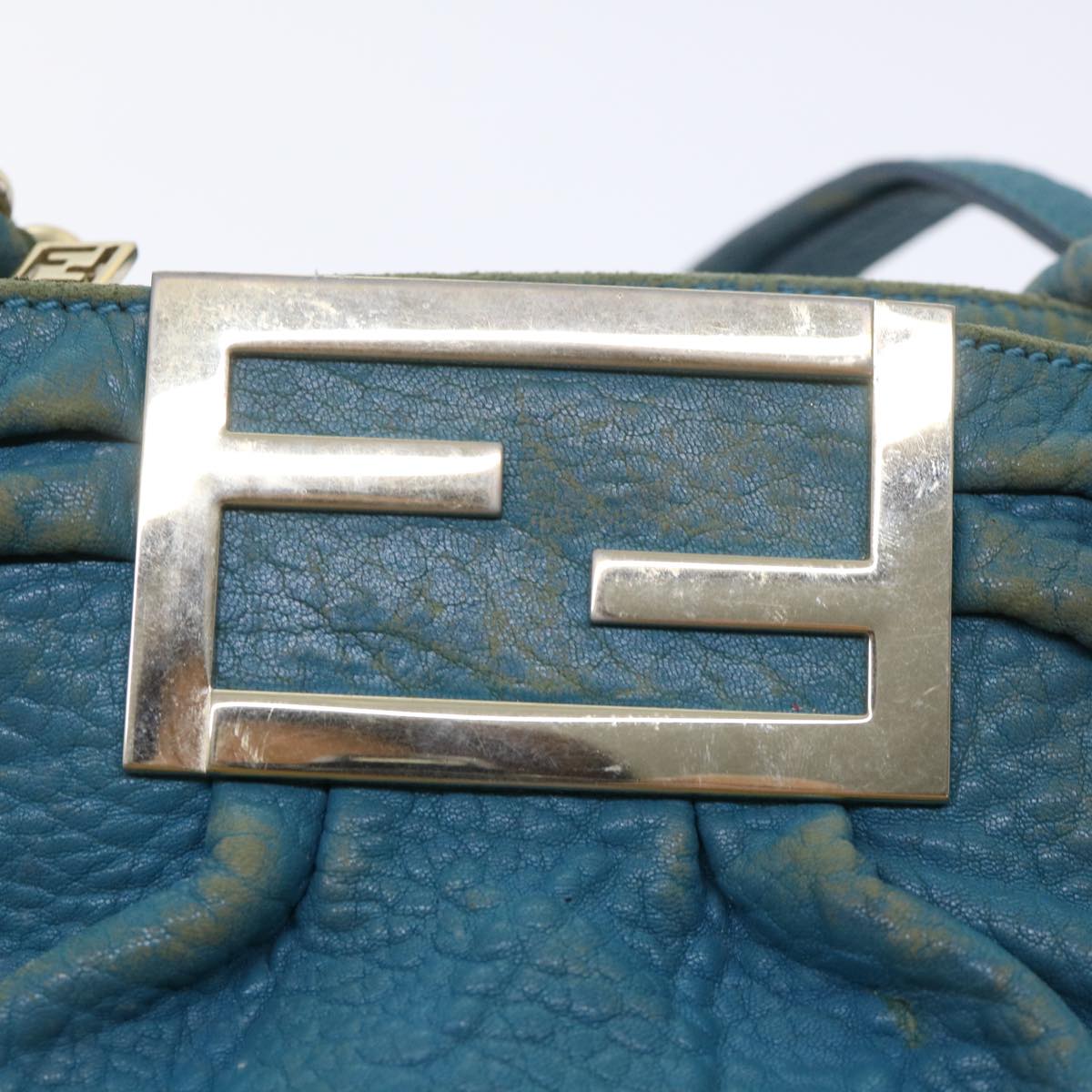 FENDI Chain Shoulder Bag Leather 2way Turquoise Blue Auth 52739